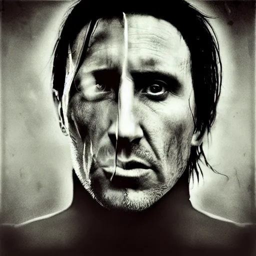 Image similar to portrait of trent reznor with long hair as a zombie by lee jeffries and michael hussar, horror, grotesque, award winning, sony a 7 r, trending on artstation