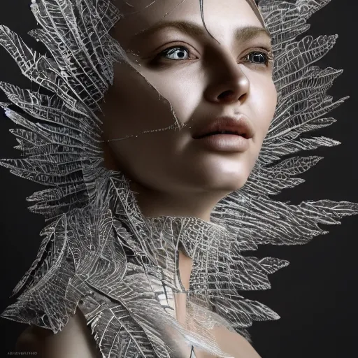 Image similar to a highly detailed digital image of a futuristic woman elegantly wrapped with leaves which are made of silver, by Andrea Chiampo, artstation and Frederik Heyman, extremely detailed woman, stunning volumetric lighting, hyper realism, fantasy 4k