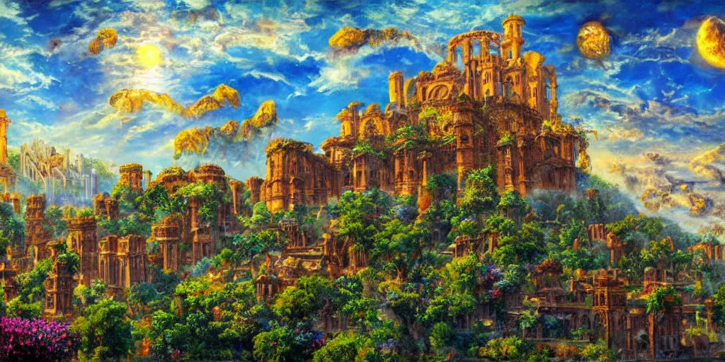 Image similar to fantasy oil painting, regale, refined, fortress mega structure city, antep, argos, indore, ellora, hybrid, looming, small buildings, warm lighting, street view, overlooking, epic, lush plants flowers, rainforest mountains, bright clouds, luminous sky, outer worlds, cinematic lighting, michael cheval, david palladini, oil painting, natural tpose