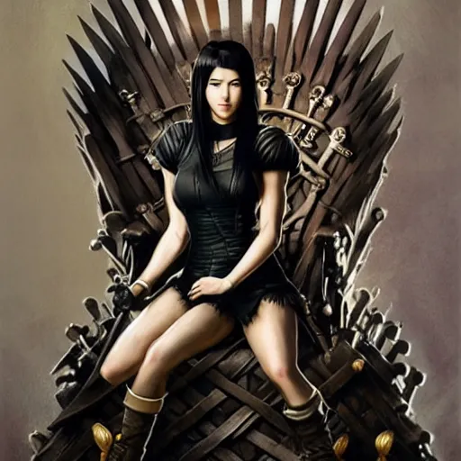 Image similar to a painting of tifa from final fantasy 7, in kings landing from game of thrones, sitting majestic on the iron throne, by greg rutkowski, artgerm, wlop, ruan jia, krenz cushart, alphonse mucha, marble, gold, unreal engine 5