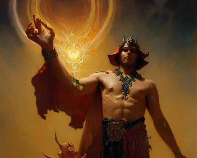 Image similar to attractive male deity, casting demonic magic, summoning handsome lucifer morning star. highly detailed painting by gaston bussiere, craig mullins, j. c. leyendecker 8 k