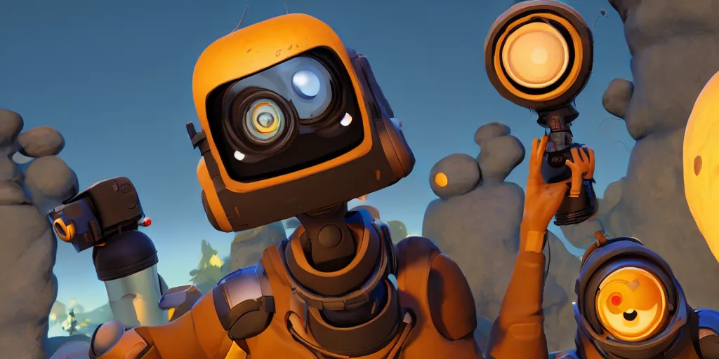 Image similar to selfie of a outer wilds character holding a camera, outer wilds screenshot, unreal engine, digital art