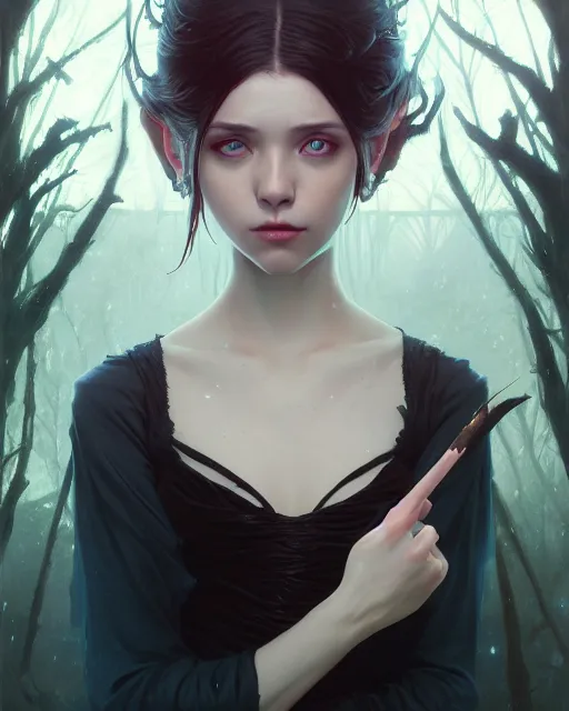 Image similar to highly detailed vfx portrait of a beautiful vampire girl, wonderful eyes, three - dimensional rendering, unreal engine, alexey gurylev, greg rutkowski, loish, rads, beeple, makoto shinkai and lois van baerle, rossdraws, tom bagshaw, alphonse mucha, global lighting, detailed and complex environment