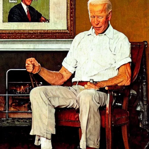 Image similar to a portrait painting by Norman Rockwell of Joe Biden sitting in a chair. Cozy fire. Legs crossed