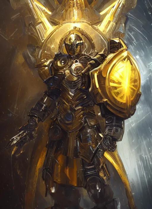 Prompt: dynamic attack position abstract portrait of a intricate glorious holy mechanical warforged character in yellow armor holding a paladin engraved great longsword drawn and carrying a big paladin shield, beam projector when eye is, face in focus, epic , trending on ArtStation, masterpiece, cinematic lighting, by Ross Tran and by Greg Rutkowski