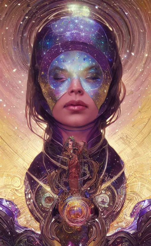 Image similar to portrait of a cosmic goddess, suit made out of stars and galaxies and cosmic energy, intricate, headshot, highly detailed, digital painting, artstation, concept art, sharp focus, cinematic lighting, illustration, art by artgerm and greg rutkowski, alphonse mucha, cgsociety