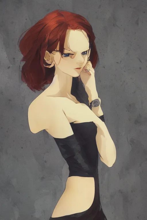 Prompt: beautiful woman with ginger hair and bright blue eyes, black dress, by ilya kuvshinov, krenz cushart, trending on artstation