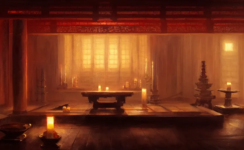 Prompt: painting of an interior Japanese temple with candles by Greg Rutkowski and Craig Mullins, Dark atmospheric sad and cinematic lighting, Trending on artstation
