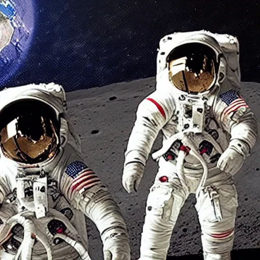 Prompt: create a illustration of group of astronaut seeing earth from the moon