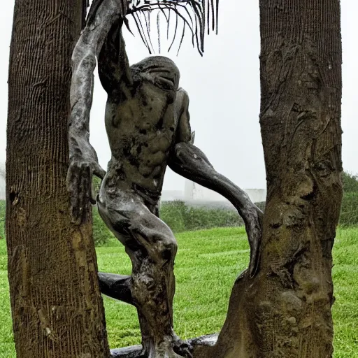 Prompt: The sculpture shows a man caught in a storm, buffeted by wind and rain. He clings to a tree for support, but the tree is bent nearly double by the force of the storm. The man's clothing is soaked through and his hair is plastered to his head. His face is contorted with fear and effort. by Brian Sum harrowing