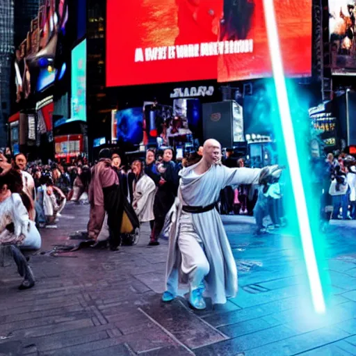 Image similar to a jedi in a battle with voldemort among the people in times square