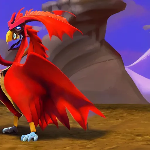 Image similar to screenshot of a humanoid gryphon bard with a red coat as an enemy in spyro the dragon video game concept art, playstation 1 era, activision blizzard, 4 k resolution concept art