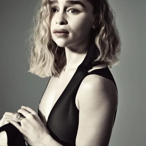 Image similar to studio photo of emilia clarke in a black room, elegant, studio lighting, beautiful skin