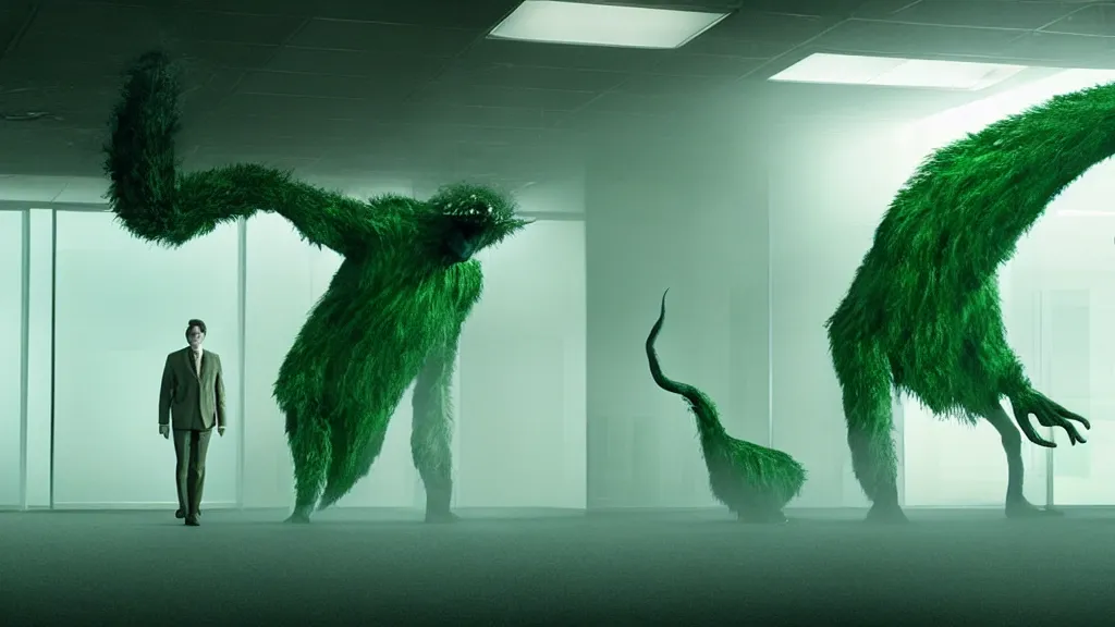 Image similar to the strange giant creature in the office, made of Chlorophyll and water, film still from the movie directed by Denis Villeneuve with art direction by Salvador Dalí