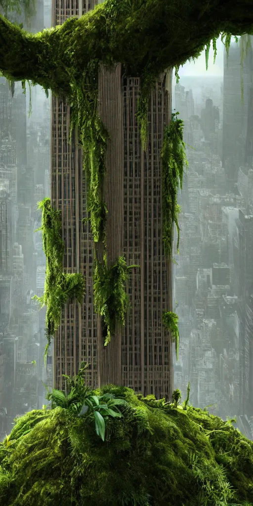 Image similar to an epic view of vines and moss growing on the empire state building, moss, jungle, with pterosaurs flying, close - up, low angle, wide angle, atmospheric, volumetric lighting, cinematic, 8 k hg, ray tracing, octane render, unreal engine, very realistic, highly detailed digital art, painted by tyler edlin