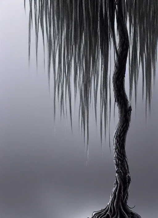 Image similar to weeping willow with black bark and silver leaves by stefan kostic, realistic, sharp focus, 8 k high definition, insanely detailed, intricate, elegant, art by stanley lau and artgerm, luis royo, foggy black background, fantasy