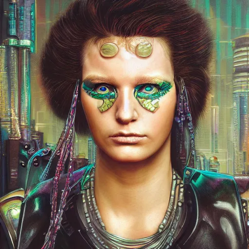 Image similar to a hyperrealistic portrait painting of a beautiful female cyberpunk warrior, by alan moore, highly detailed,