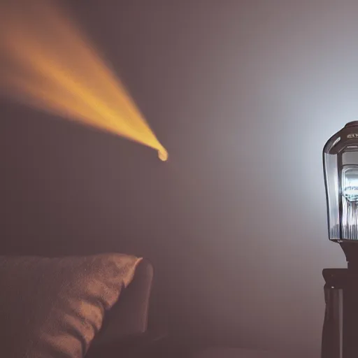 Image similar to coloured atmospheric photo of a realistic banshee transparent smoky in a interior of living room flashlight light