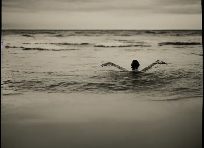 Image similar to photography, woman swimming in ocean at night, 35mm film,