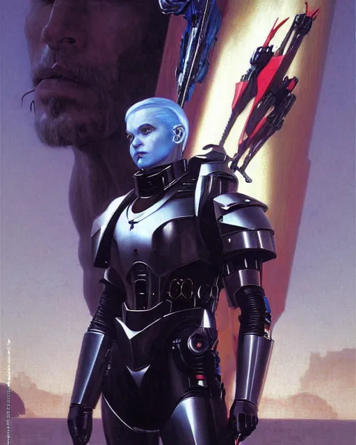 Image similar to portrait of mark walhberg goth cyborg with white hair in warhammer armor, art by kuvshinov ilya and wayne barlowe and gustav klimt and artgerm and wlop and william - adolphe bouguereau, movie poster, epic cinematic