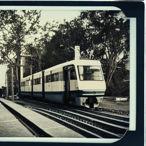 Image similar to polaroid photo of a retrofuturistic train station