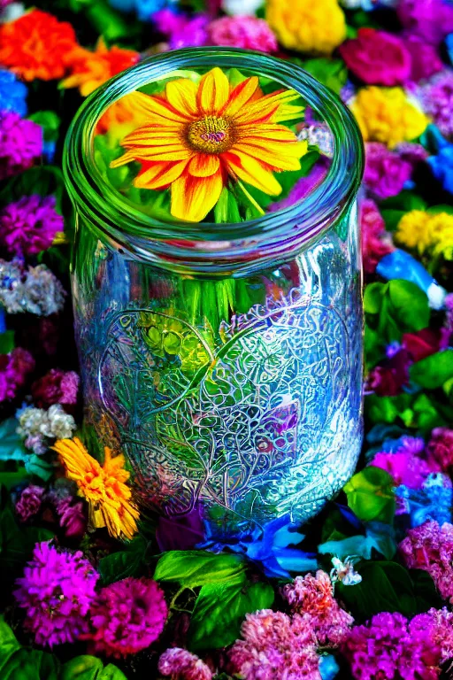 Prompt: close up of a glass jar with a colorful summer flowers inside, burried in snow at night, metal lid, bokeh, intricate detail, highly detailed, hyperrealistic, dramatic lighting, glowing, cgsociety, sense of awe, mystical, 8 k, beautiful digital art