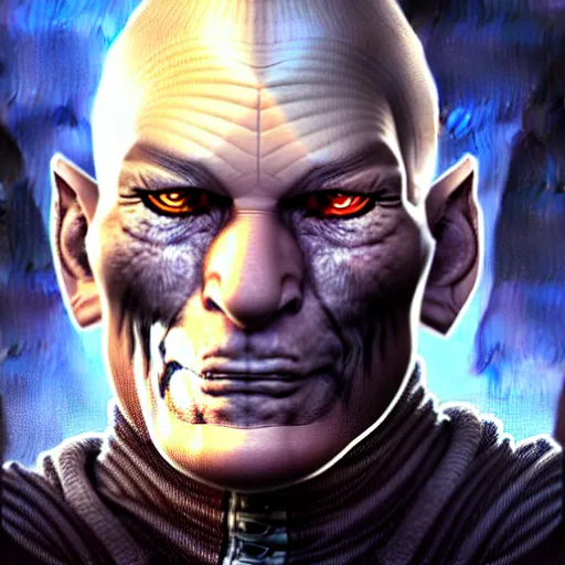 Image similar to portrait painting of a cyberpunk orc doctor who looks like patrick stewart, ultra realistic, concept art, intricate details, eerie, highly detailed, photorealistic, octane render, 8 k, unreal engine. art by artgerm and greg staples and elsa beskow and brian froud and jessica rossier