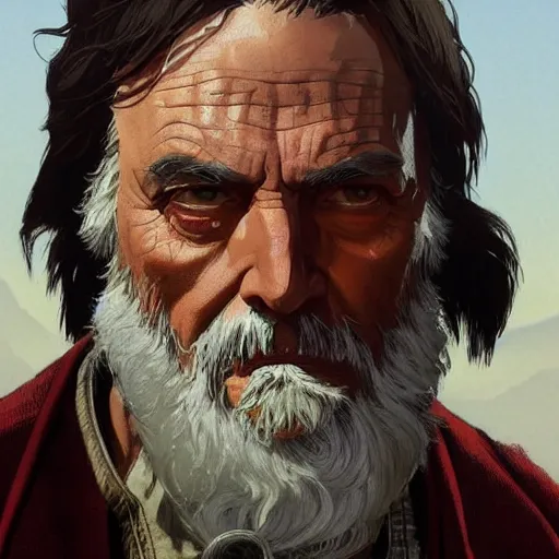 Image similar to large tan older - aged priest with dark hair in red dead redemption 2, gorgeous, beautiful, intricate, highly detailed, digital painting, artstation, oppressive lighting, concept art, sharp focus, illustration, art by greg rutkowski and alphonse mucha