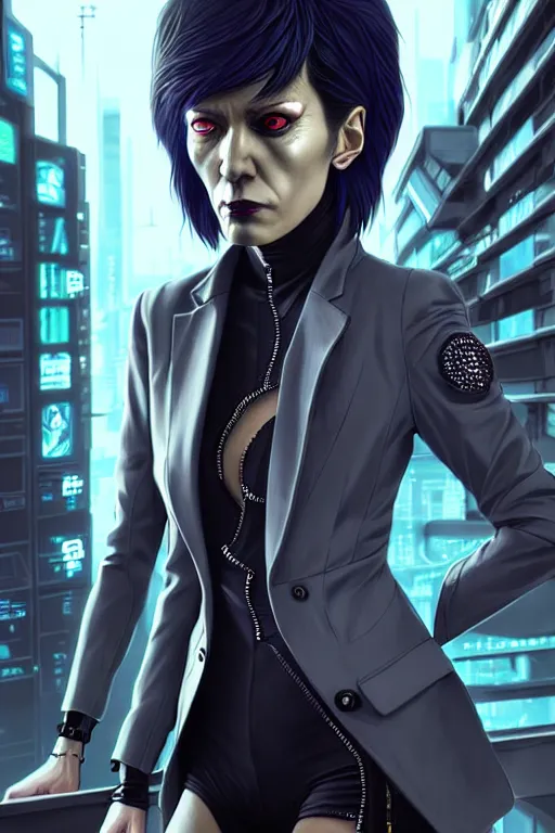 Prompt: hyperdetailed very close portrait of a european fourty years old skinny woman with grey eyes in a fabric suit with a pin in a cyberpunk city inspired by ross tran and wlop and masamune shirow and kuvshinov, concept art, intricate, photorealistic, octane render, rtx, hdr, unreal engine, dnd digital art by artgerm