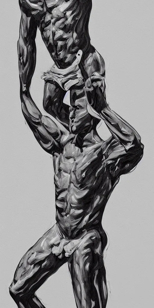 Prompt: thick long paint brush strokes, outline suggesting the physique of a thin athletic male doing pullup, matte paint colors, minimal painting, negative space, long flowing brush strokes