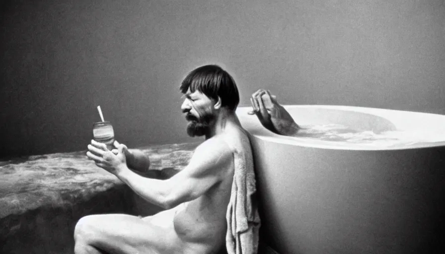 Image similar to 1 9 6 0 s movie still by tarkovsky of an elder socrates drinking hemlock in a bowl in his bath, cinestill 8 0 0 t 3 5 mm b & w, high quality, heavy grain, high detail, panoramic, cinematic composition, dramatic light, anamorphic, jacques louis david style, raphael style, piranesi style