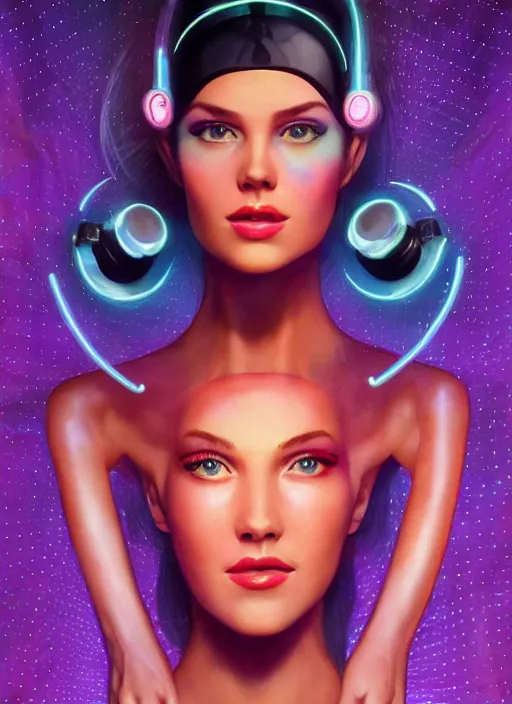 Prompt: gorgeous android woman facial portrait dressed in an aerobic outfit of the eighties with head band, retro, beautiful lights, vintage look, depth of field, hyper realistic, illustration, airbrush, 8 k, intricate, duo tone, art by david la chapelle and philip castle, artgerm