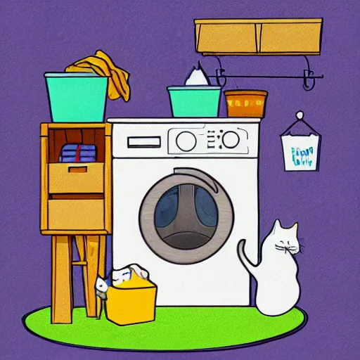 Prompt: story book illustration of laundry made from cat, art station trending.