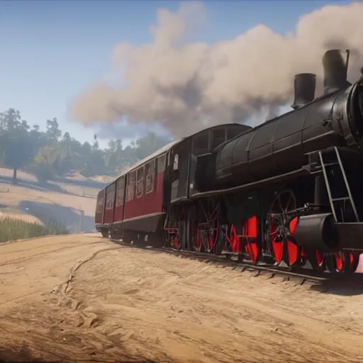 Image similar to futuristic sleek steam locomotive in red dead redemption 2