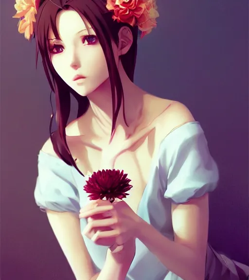 Prompt: pretty woman holding a flower, by wlop, poster, anime key visual, artstation