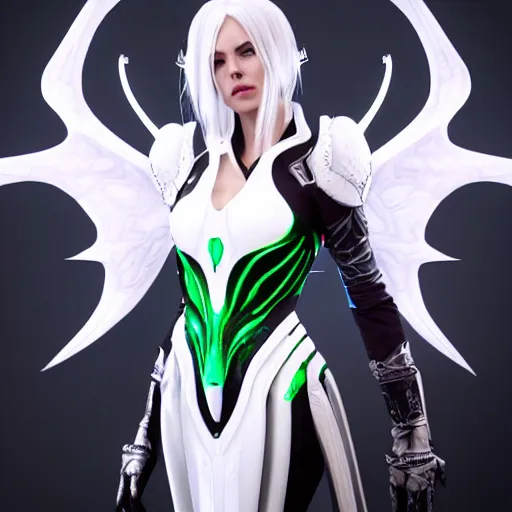 Prompt: tall, attractive white haired alien wearing white dove wings, warframe armor, regal, attractive, ornate, sultry, sexy, beautiful, elize theron, pretty face, green eyes, scifi platform, 4 k, ultra realistic, epic lighting, illuminated, cinematic, black gold, art by akihito tsukushi, voidstar