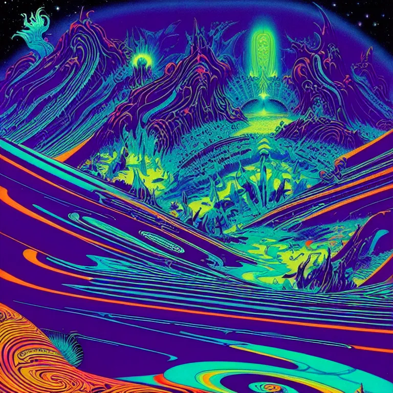 Prompt: mysterious edge of interstellar space, psychedelic waves, synthwave, bright neon colors, highly detailed, cinematic, eyvind earle, tim white, philippe druillet, roger dean, ernst haeckel, lisa frank, aubrey beardsley