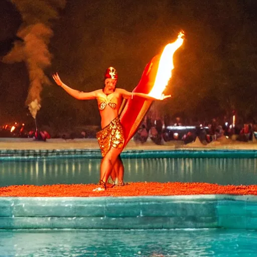 Prompt: a photo of the Egyptian Goddess Of Fire walking on water at the Nilo