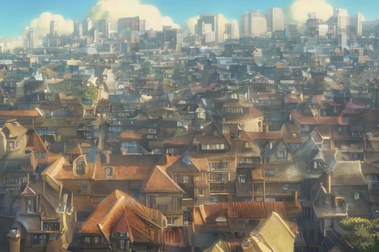 Prompt: a wholesome animation key shot of a city with roofs with tiles, medium shot, studio ghibli, pixar and disney animation, sharp, rendered in unreal engine 5, anime key art by greg rutkowski, bloom, dramatic lighting