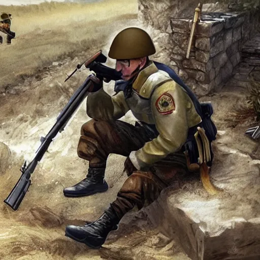 Image similar to Putin, fully equipped, is sitting in a trench and shooting back at the Ukrainians. Super detailed style/ HD textures