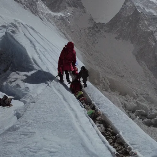 Image similar to blonde lady pushing obese indian woman in a wheelchair up mount everest, greg rutkowski