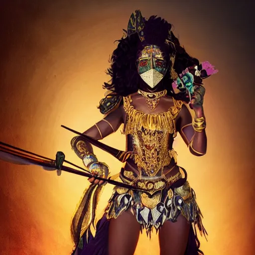 Image similar to the portrait, masked beautiful black aztec female violinist, exotic costumes, gold jewelry, black hair ， illustration by wenjun lin, irakli nadar, bright colors, octopath traveler, wenjun lin, unreal engine 5 highly rendered, global illumination, radiant light, detailed and intricate environment