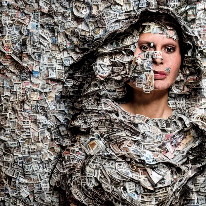 Prompt: closeup portrait of a woman with a hood made of newspaper and confetti, standing in a haunted abandoned house, by Annie Leibovitz and Steve McCurry, natural light, detailed face, CANON Eos C300, ƒ1.8, 35mm, 8K, medium-format print