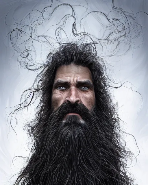 Prompt: portrait of a 6 0 - year - old giant man with long tangles of bushy black hair and beard hiding most of his face, kind eyes, wearing in black cloak, hyper realistic face, beautiful eyes, character art, art by mark brooks, hyperdetailed, cryengine, trending on artstation, digital art