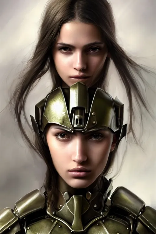 Prompt: a photorealistic painted portrait of an attractive young girl, partially clothed in metal-plated battle armor, olive skin, long dark hair, flawless skin, beautiful bone structure, perfectly symmetric facial features, perfect photorealistic eyes, natural physique, intricate, elegant, digital painting, concept art, finely detailed, beautifully illustrated, sharp focus, minimal artifacts, from Metal Gear, by Ruan Jia and Mandy Jurgens and Artgerm and William-Adolphe Bouguerea, in the style of Greg Rutkowski, trending on Artstation, award winning art