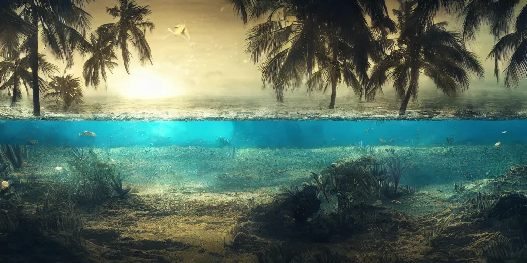 Image similar to under water sunken city with beach with palmtrees seaweed air bubbles, golden hour, caustics, shallow depth of field, moody lighting, 8 k, concept art,