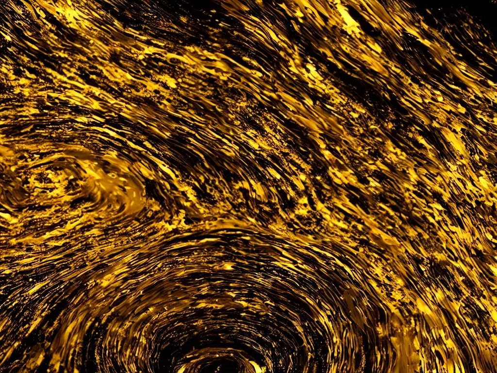 Image similar to a stream of fluid gold swirling into a black whole, wide angle perspective, 8 k, hyperrealism, 3 d animation, big depth of field