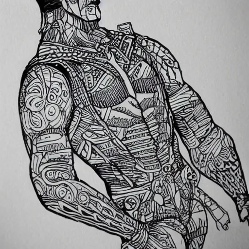 Image similar to lego character, pen and ink, intricate line drawings.
