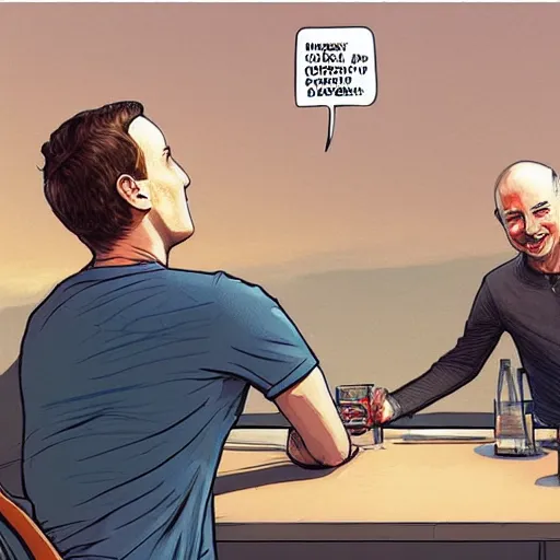 Image similar to cell shaded illustration of a meeting between elon musk, mark zuckerberg, jeff bezos, very detailled, art contest winner on behance, trendy on deviant art, by by artgem, greg rutkowski, by herge