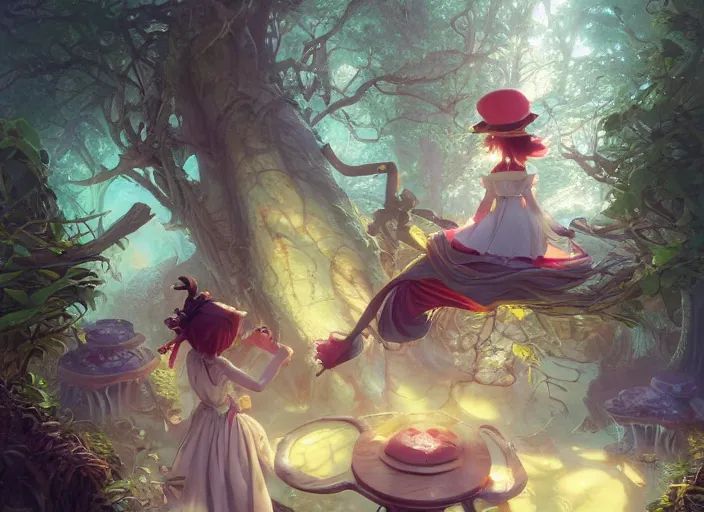 Image similar to alice in wonderland, thin contur lines, unreal engine, fantasy art by greg, loish, rhads, ferdinand knab, tom bagshaw, makoto shinkai and lois van baarle, rossdraws, ilya kuvshinov, night lighting, trending on studio ghibli, highly detailed, 8 k, octane render